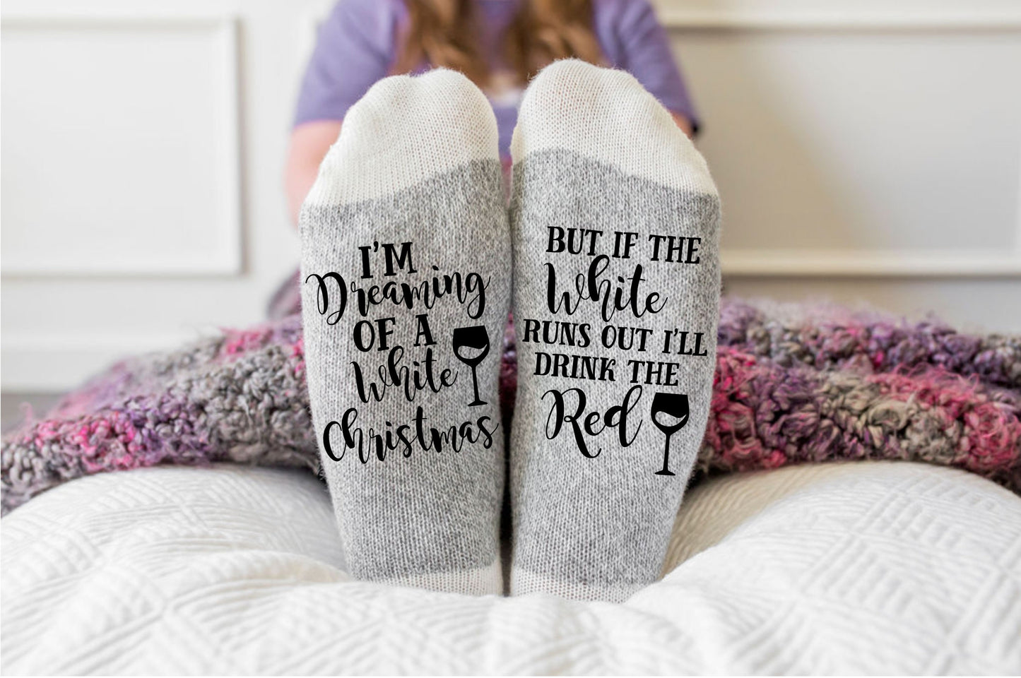 Funny Christmas Socks, Wine socks, wine gift, christmas gift, I'm Dreaming of a White Christmas but if the white runs out ill have the red