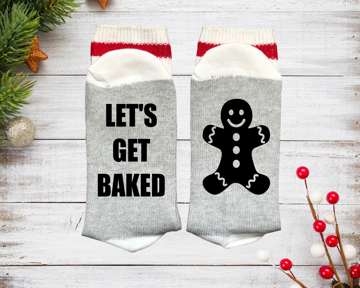 Funny Christmas Socks, Let's Get Baked, Gingerbread Christmas Socks, funny stocking stuffer
