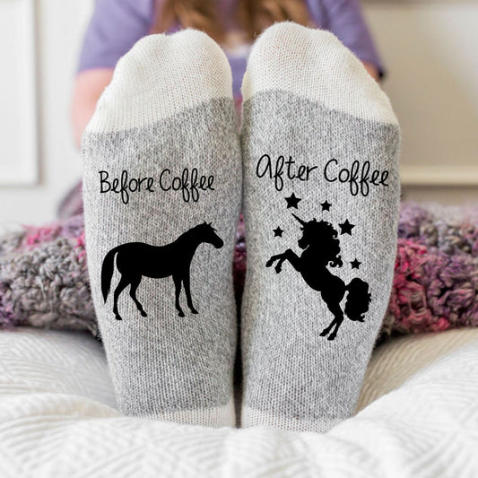 Avant le café, après le café Chaussettes drôles de licorne